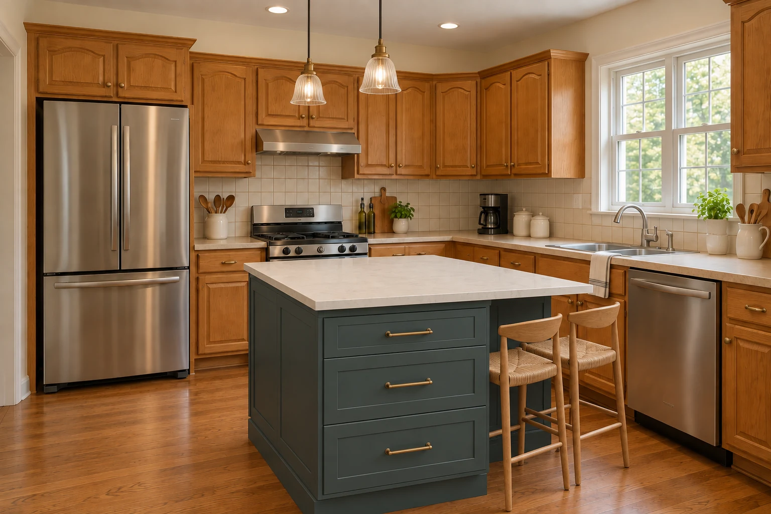 Oak kitchen with a new deep green-gray island, brass drawer pulls, a light stone top, two rush-seat stools, and ribbed glass pendant lights