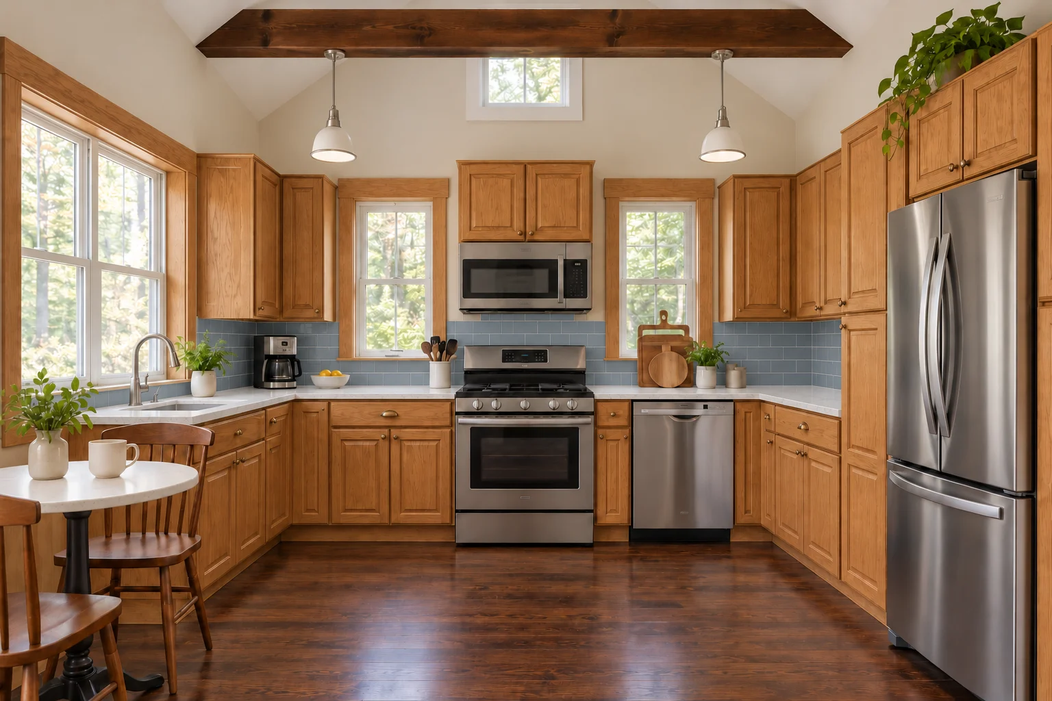 Honey-oak kitchen with white quartz-look counters and a soft blue subway tile backsplash
