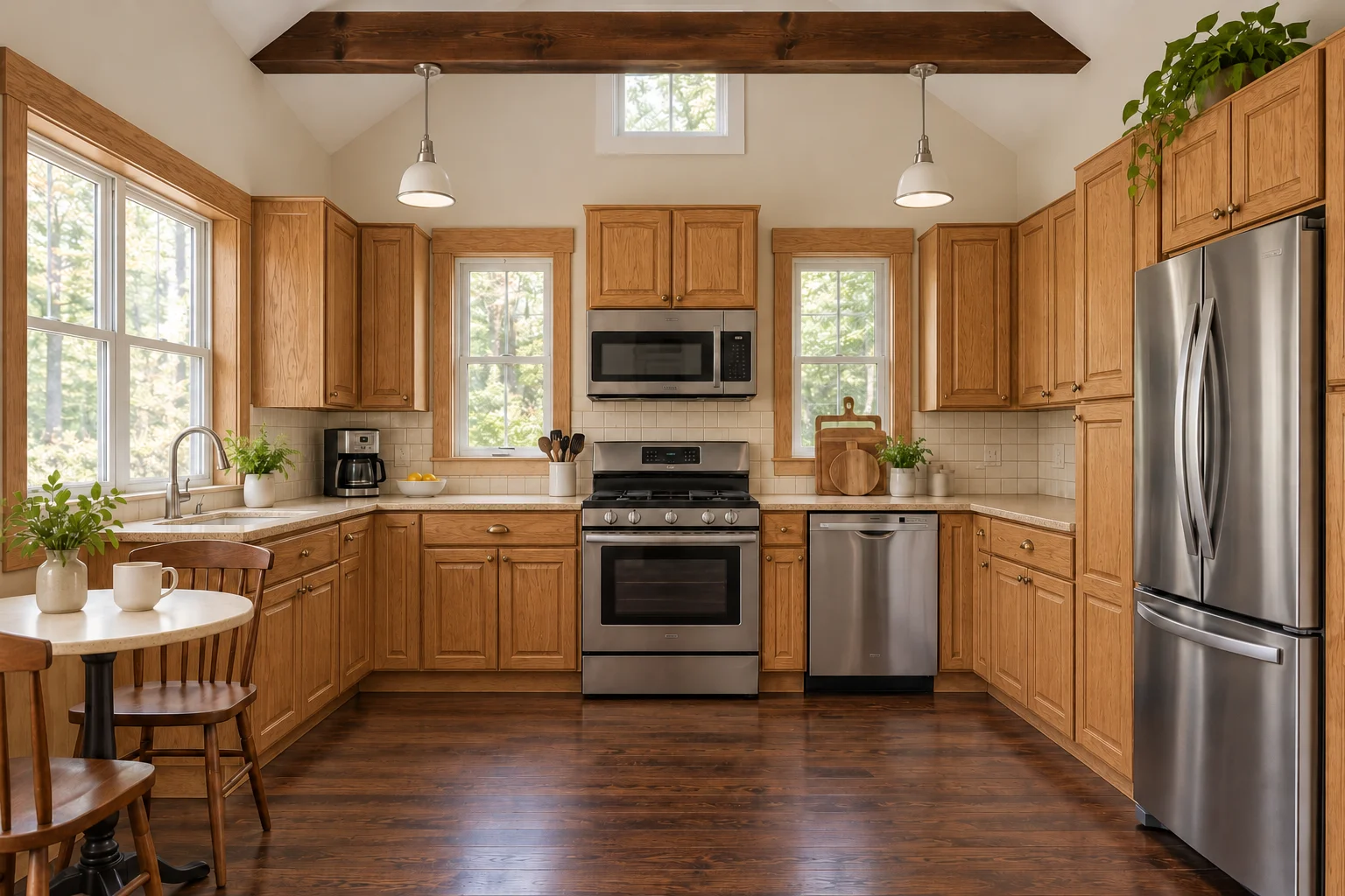 U-shaped kitchen with dated honey-oak raised-panel cabinets, beige speckled counters, and cream square tile